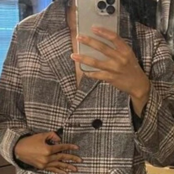 Plaid Print double breasted Pea Overcoat jacket fall winter - Picture 7 of 10